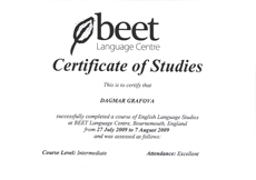 Certifikát o absolvování kurzu anglického jazyka