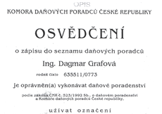 Osvědčení o zápisu do seznamu daňových poradců ČR